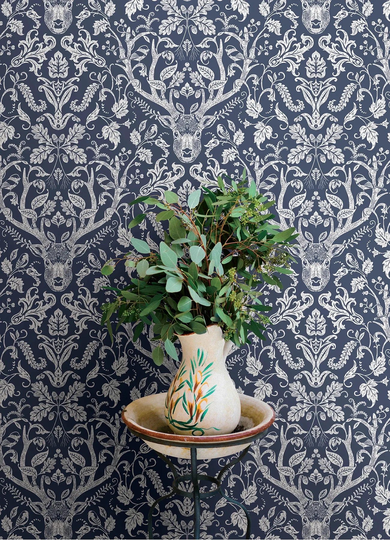 Brewster Home Fashions Kiwassa Navy Antler Damask Wallpaper - SKU 4169-12703
