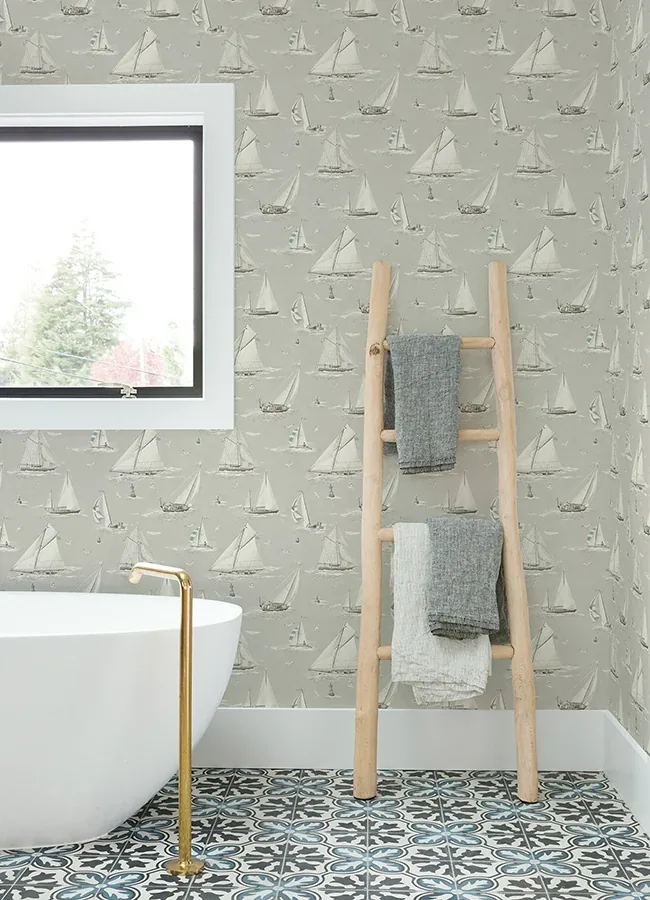 Brewster Home Fashions Leeward Light Grey Sailboat Wallpaper - SKU 4071-71036