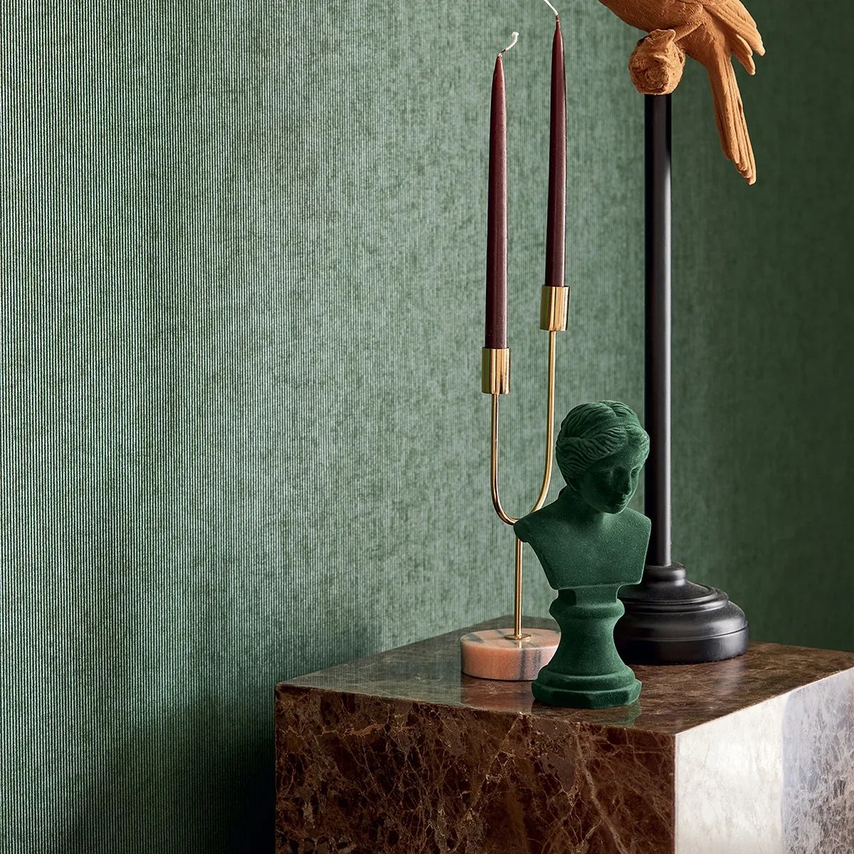 Brewster Home Fashions Leonardo Dark Green Flock Stripe Wallpaper | Wallpaper Twins Brewster Home Fashions Leonardo Dark Green Flock Stripe Wallpaper - SKU 307322
