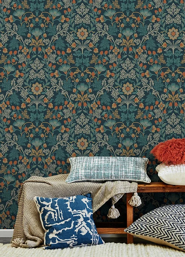 Brewster Home Fashions Lila Blue Strawberry Floral Wallpaper - SKU 316001