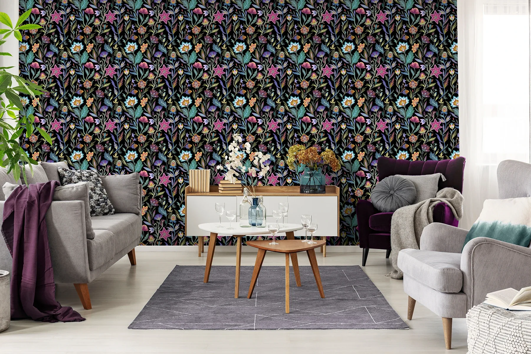 Brewster Home Fashions Mallory Black Vivid Floral Wallpaper | Wallpaper Twins Brewster Home Fashions Mallory Black Vivid Floral Wallpaper - SKU AH100380AH
