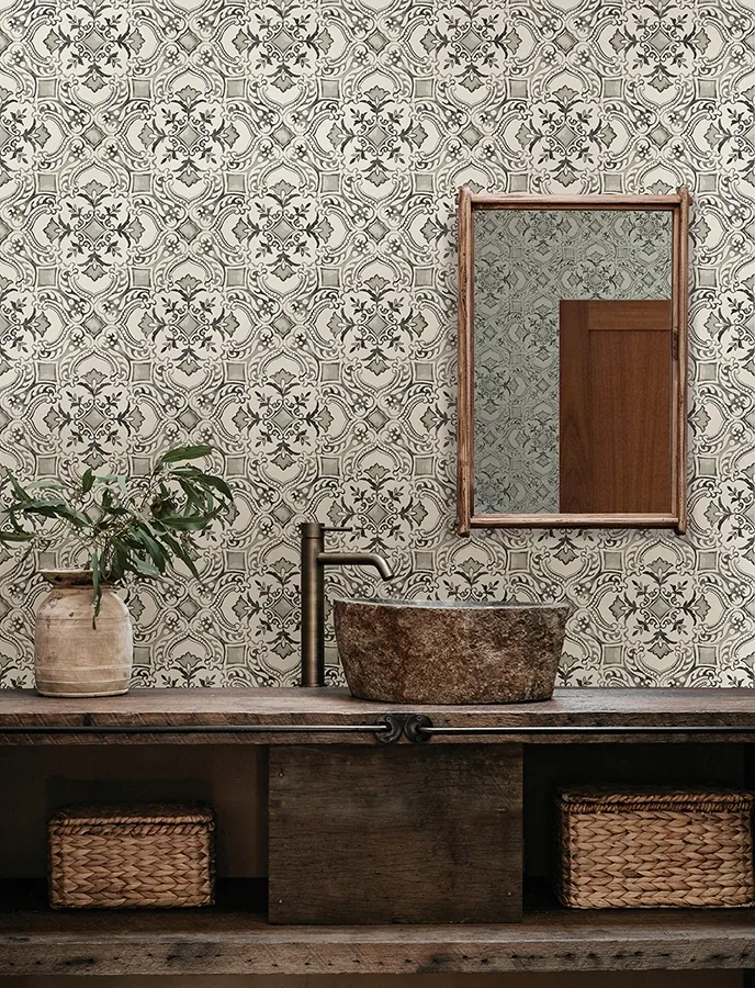 Brewster Home Fashions Marjoram Black Floral Tile Wallpaper | Wallpaper Twins Brewster Home Fashions Marjoram Black Floral Tile Wallpaper - SKU 4134-72512