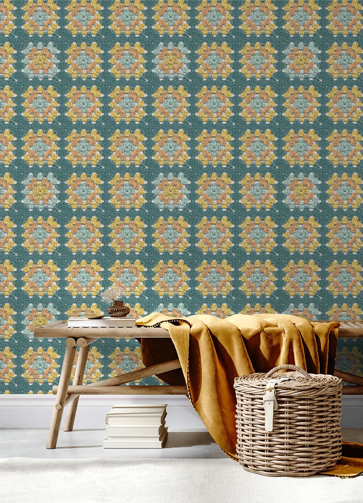 Brewster Home Fashions Maud Teal Crochet Geometric Wallpaper - SKU 3124-13862