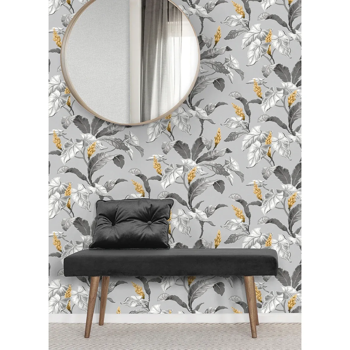 Brewster Home Fashions Meridian Parade Grey Tropical Leaves Wallpaper - SKU M1691
