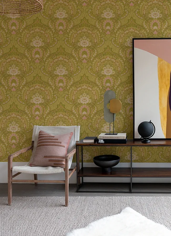Brewster Home Fashions Nasrin Chartreuse Damask Wallpaper - SKU 316012