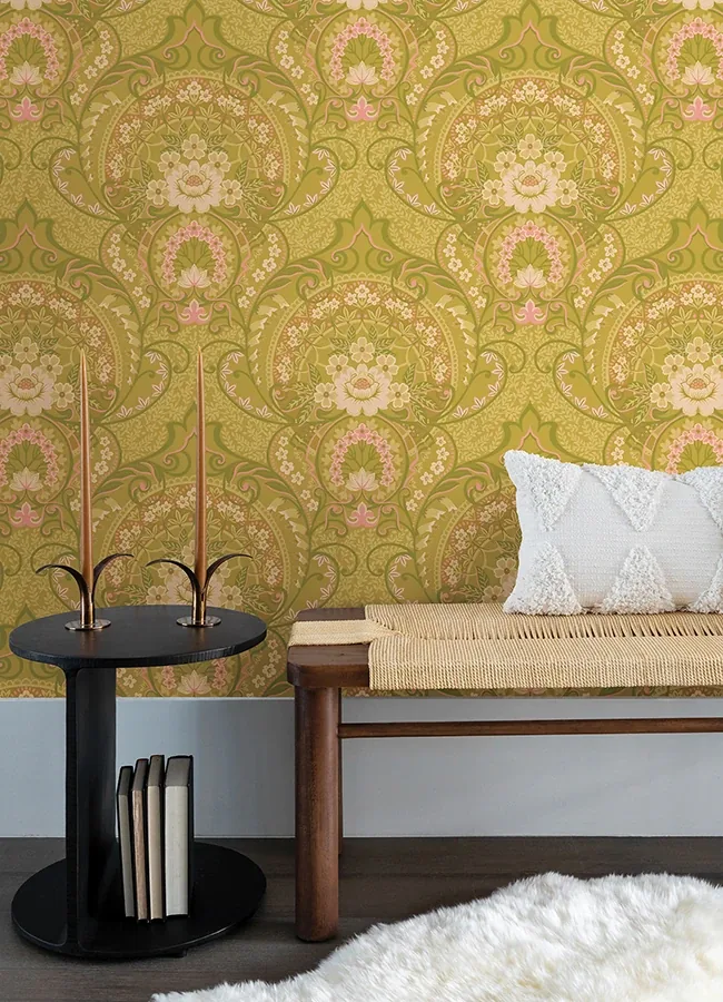 Brewster Home Fashions Nasrin Chartreuse Damask Wallpaper - SKU 316012