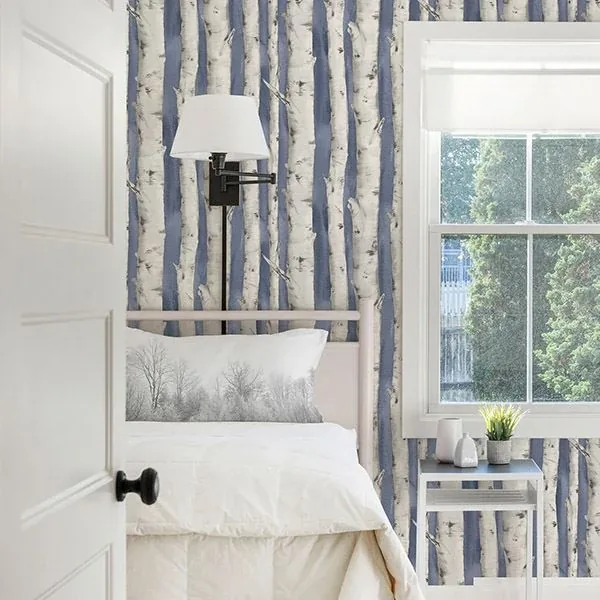Brewster Home Fashions Pioneer Denim Birch Tree Wallpaper | Wallpaper Twins Brewster Home Fashions Pioneer Denim Birch Tree Wallpaper - SKU 3118-12604
