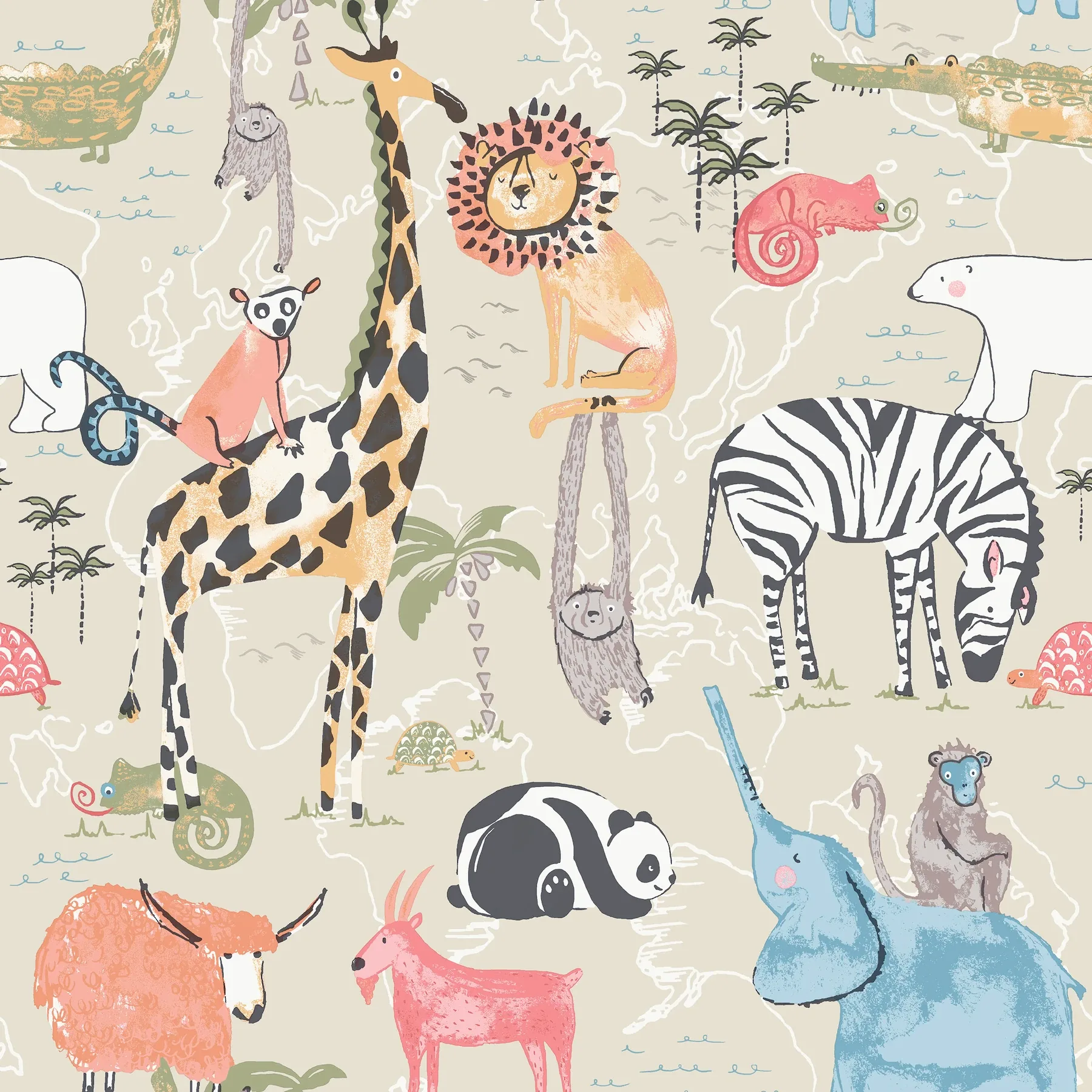 4203-27540 | Safari Animals Beige Jungle Friends Wallpaper