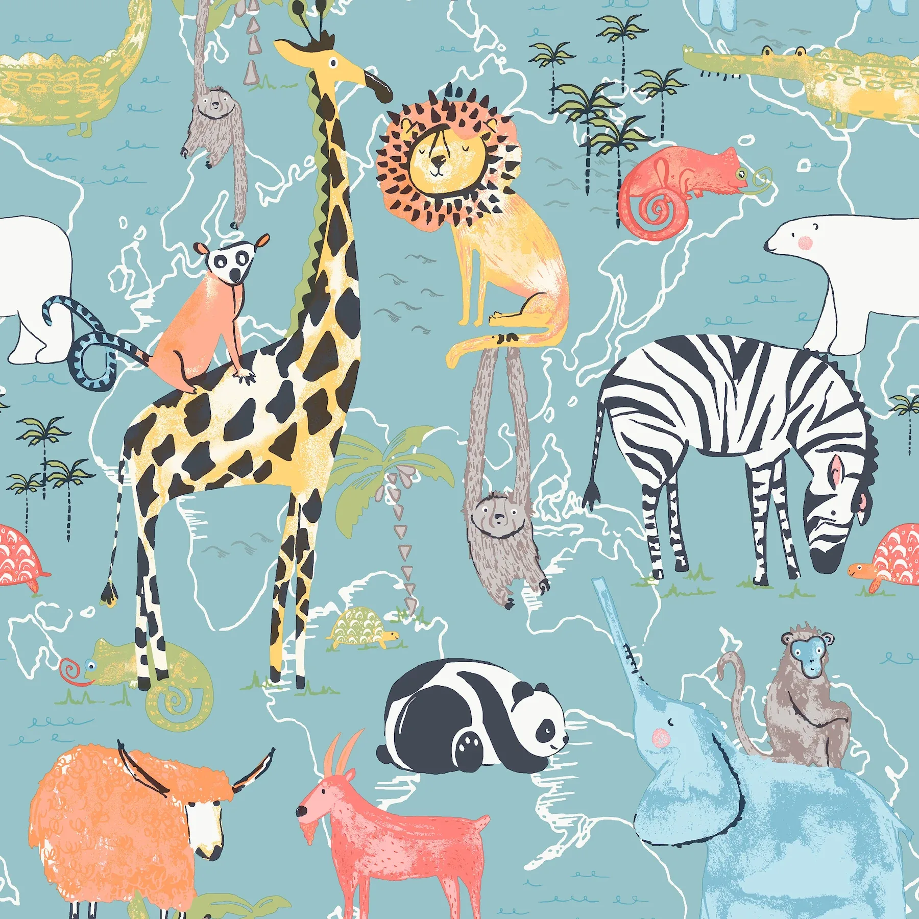 Brewster Home Fashions Safari Animals Blue Jungle Friends Wallpaper - SKU 4203-27541