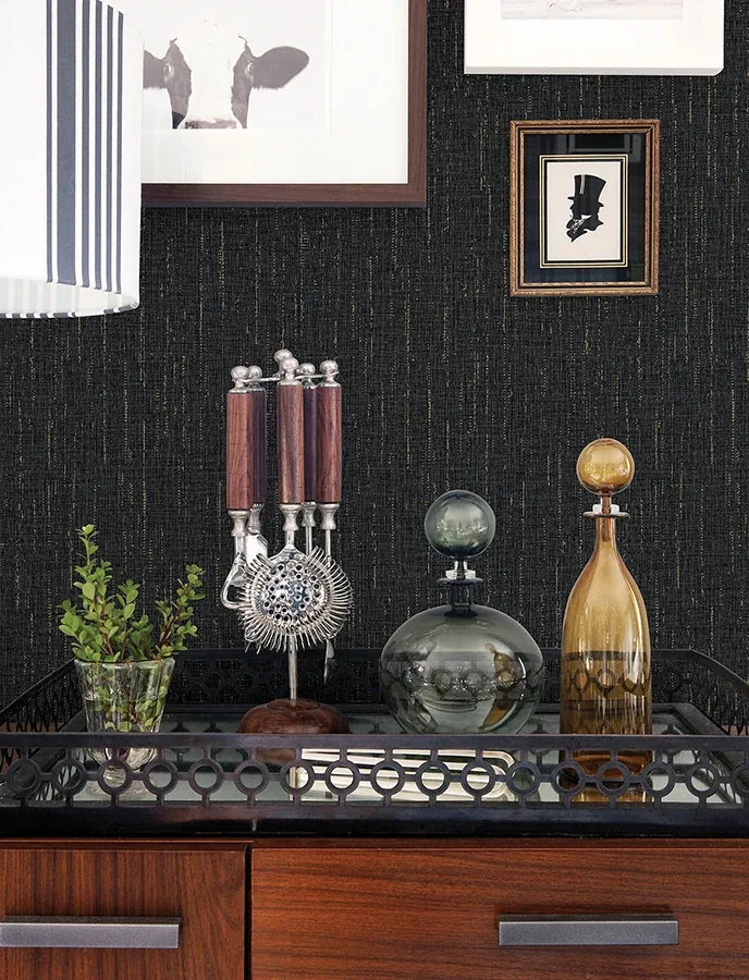 Brewster Home Fashions Sanburn Black Metallic Linen Wallpaper | Wallpaper Twins Brewster Home Fashions Sanburn Black Metallic Linen Wallpaper - SKU 4144-9148