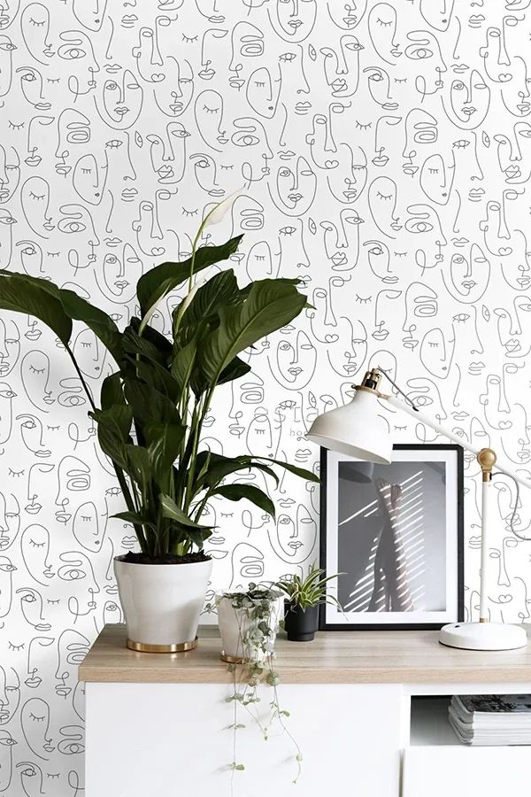 Brewster Home Fashions Sharona White Line Art Faces Wallpaper - SKU DD139145