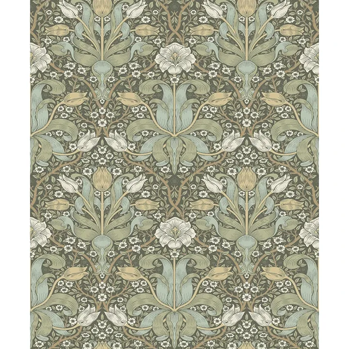 4171-82067 | Spring Thicket Green Tulip Damask Wallpaper