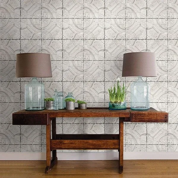 Brewster Home Fashions Susanna Off White Vintage Tin Tile Wallpaper | Wallpaper Twins Brewster Home Fashions Susanna Off White Vintage Tin Tile Wallpaper - SKU 3115-12431