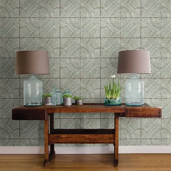 Brewster Home Fashions Susanna Teal Vintage Tin Tile Wallpaper | Wallpaper Twins Brewster Home Fashions Susanna Teal Vintage Tin Tile Wallpaper - SKU 3115-12432