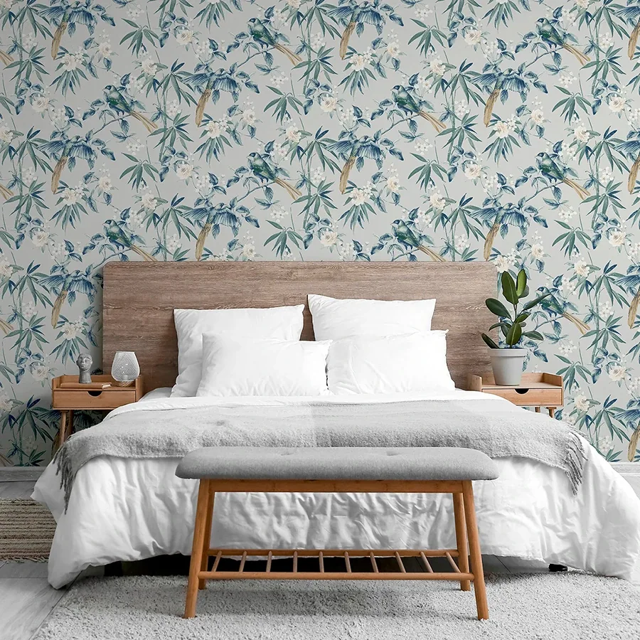 Brewster Home Fashions Suzume Teal Birds and Blooms Wallpaper - SKU AH924500