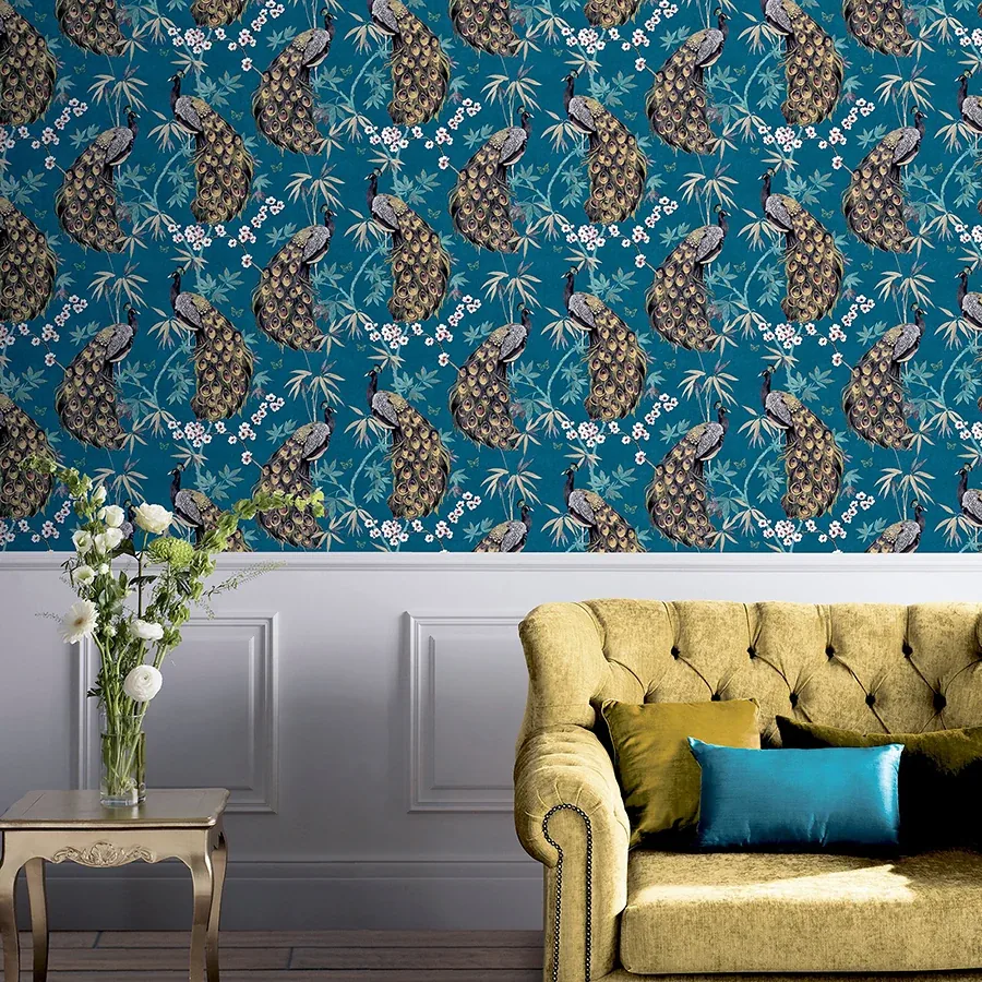 Brewster Home Fashions Takara Teal Opulent Peacock Wallpaper - SKU AH692505