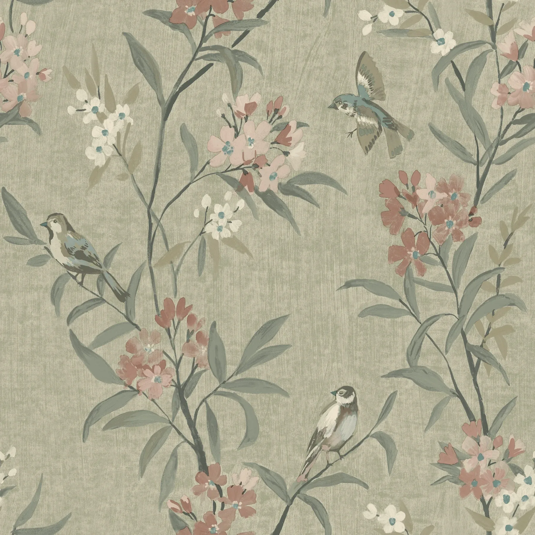 4169-83138 | Tea Olive Green Finch Frolic Wallpaper