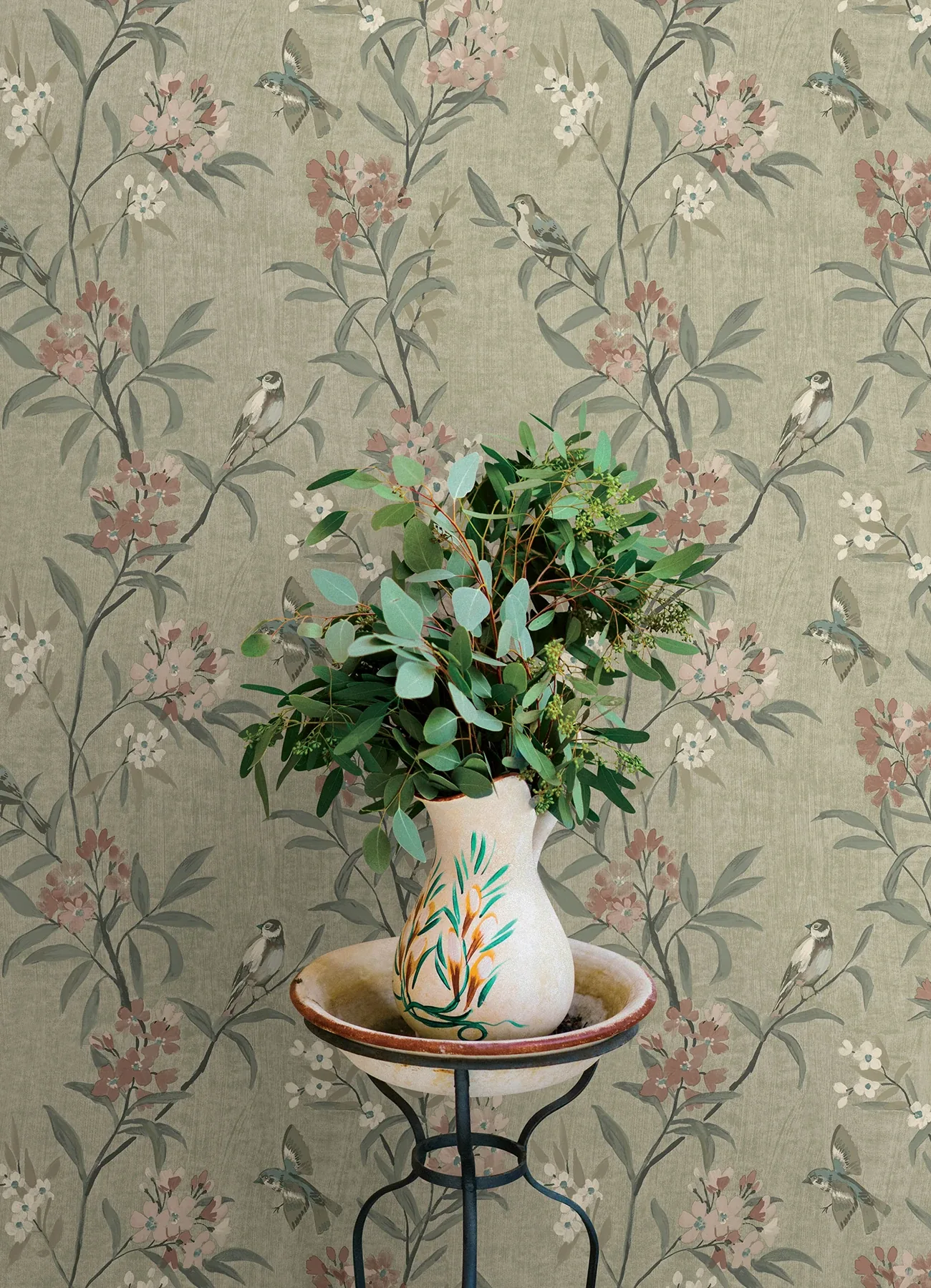 Brewster Home Fashions Tea Olive Green Finch Frolic Wallpaper - SKU 4169-83138