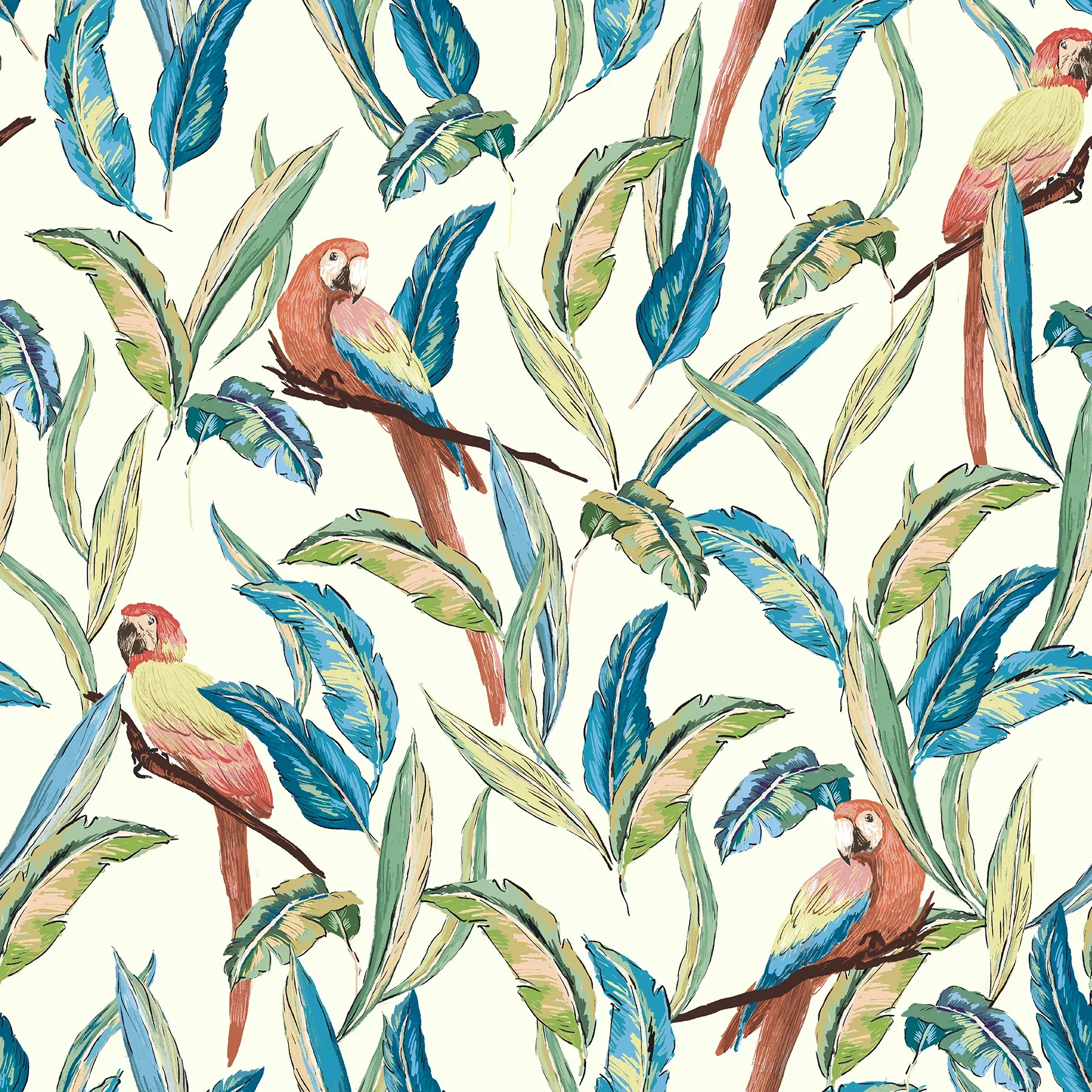 WLD53116W | Timor White Tropical Parrot Wallpaper
