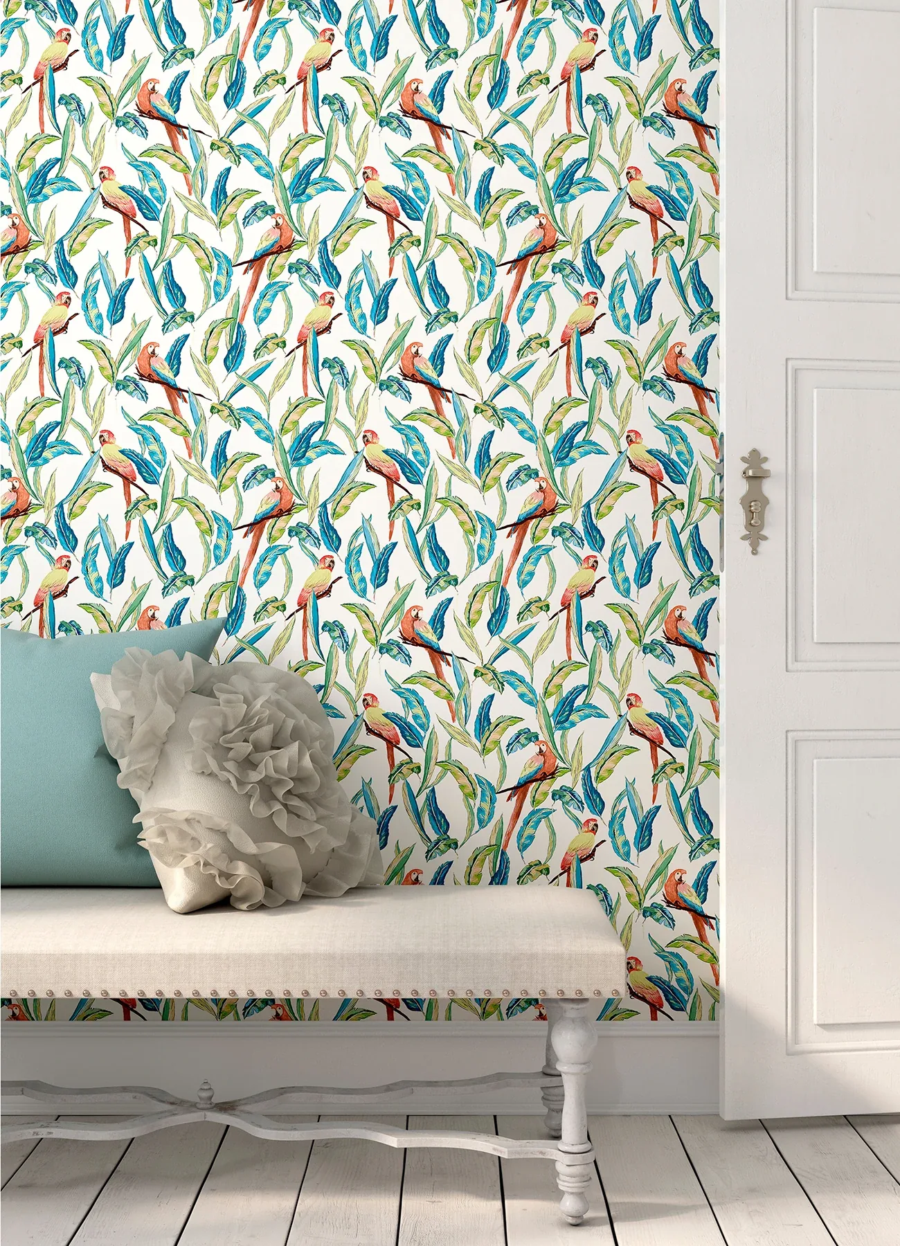 Brewster Home Fashions Timor White Tropical Parrot Wallpaper - SKU WLD53116W