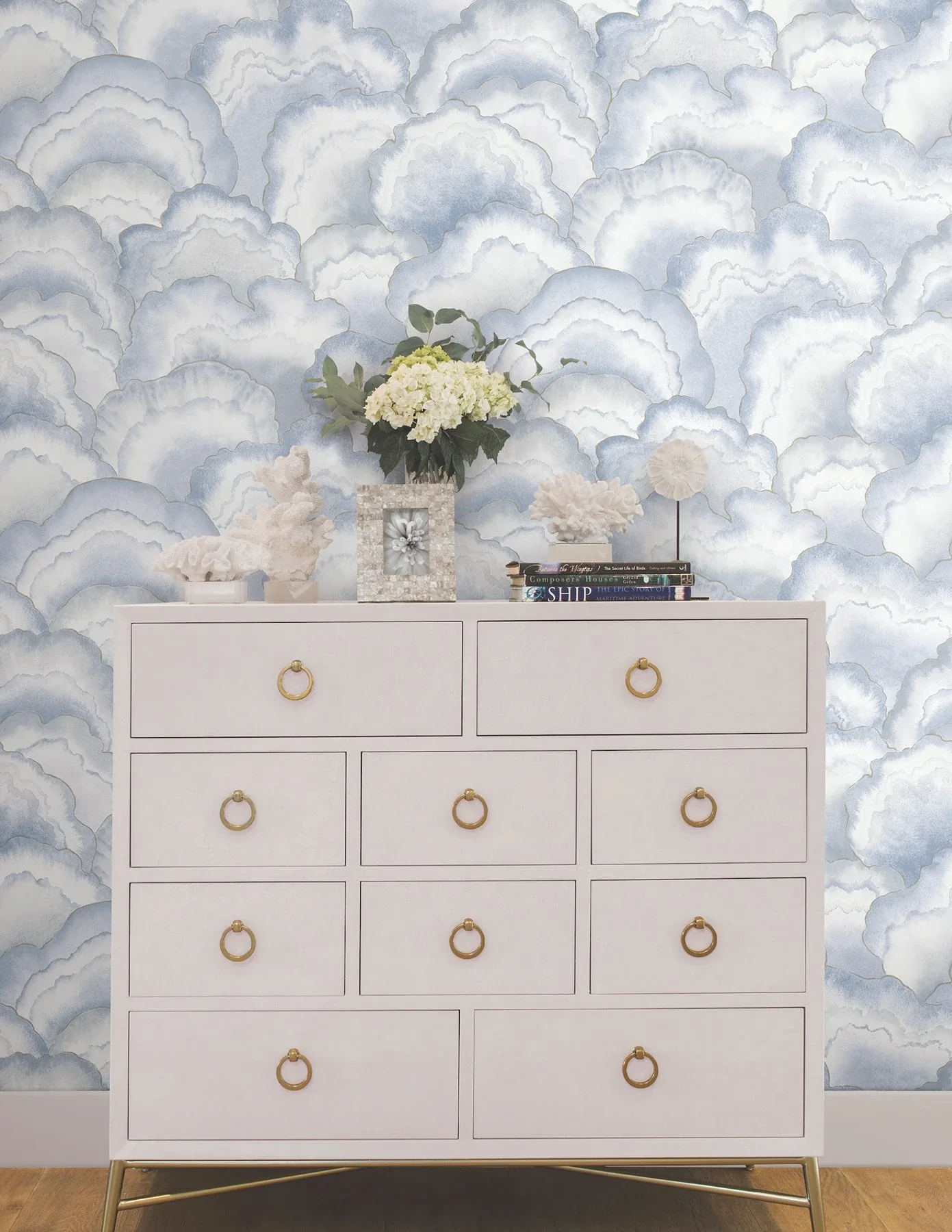 York Designer Series Abalone Fans Blue Peel & Stick Wallpaper | Wallpaper Twins York Designer Series Abalone Fans Blue Peel & Stick Wallpaper - SKU PSW1616RL