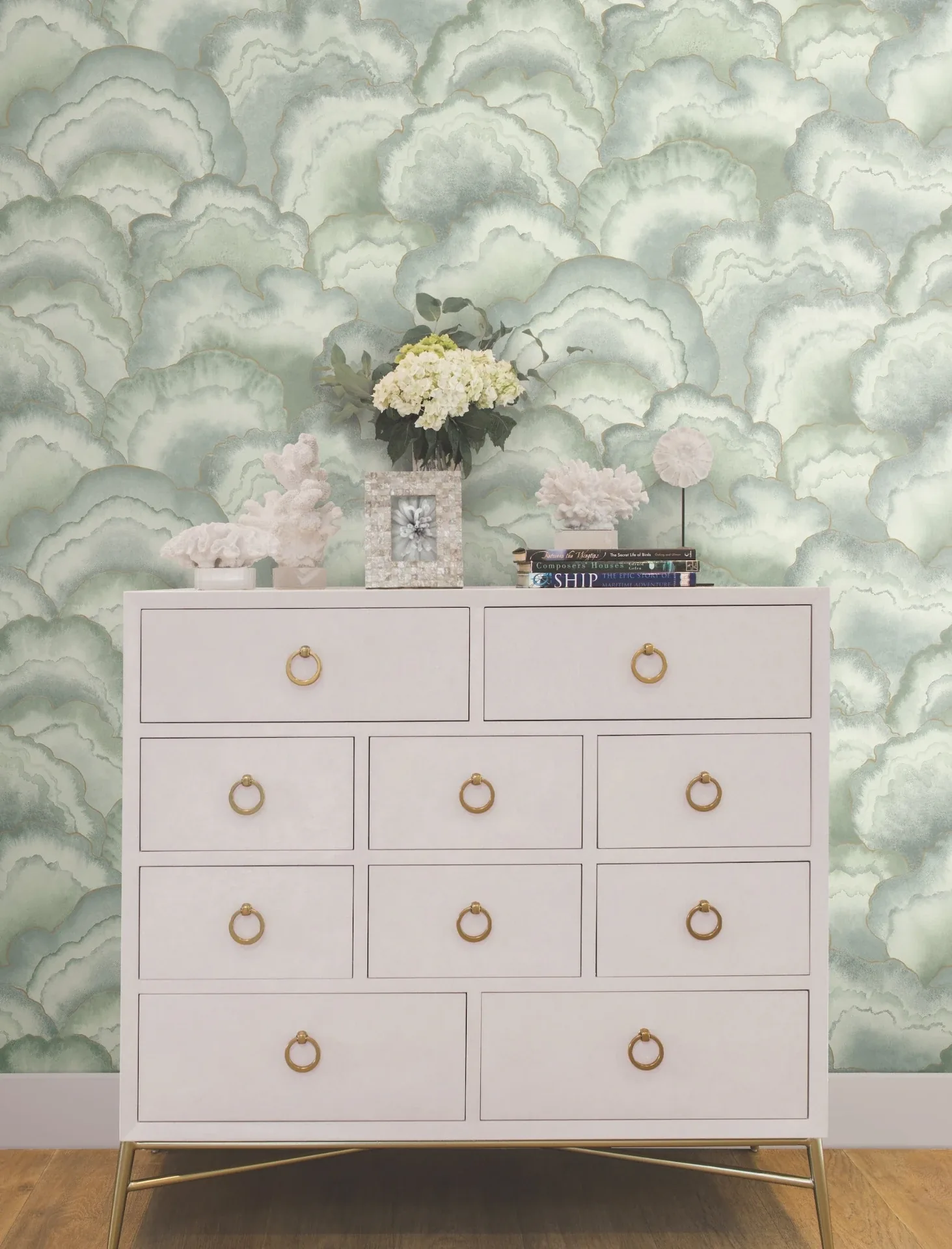 York Designer Series Abalone Seaglass Fans Wallpaper | Wallpaper Twins York Designer Series Abalone Seaglass Fans Wallpaper - SKU NT6181