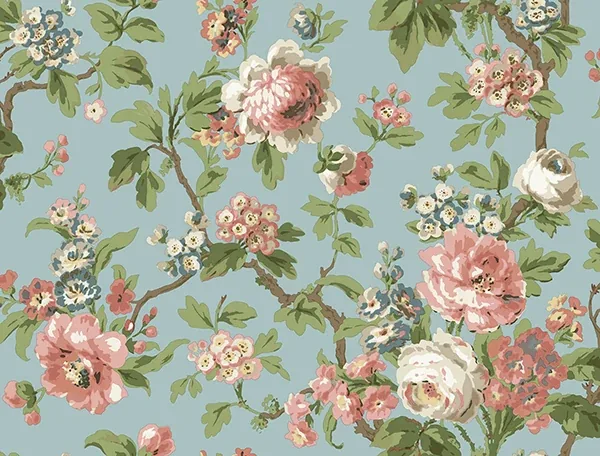 VP1354 | Beatrix Sky Blue Vintage Floral Wallpaper