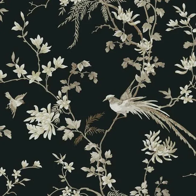York Designer Series Bird & Blossom Chinoserie Black Wallpaper - SKU KT2173