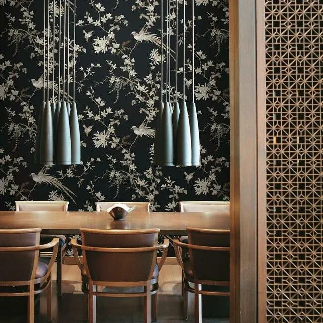 York Designer Series Bird & Blossom Chinoserie Black Wallpaper - SKU KT2173