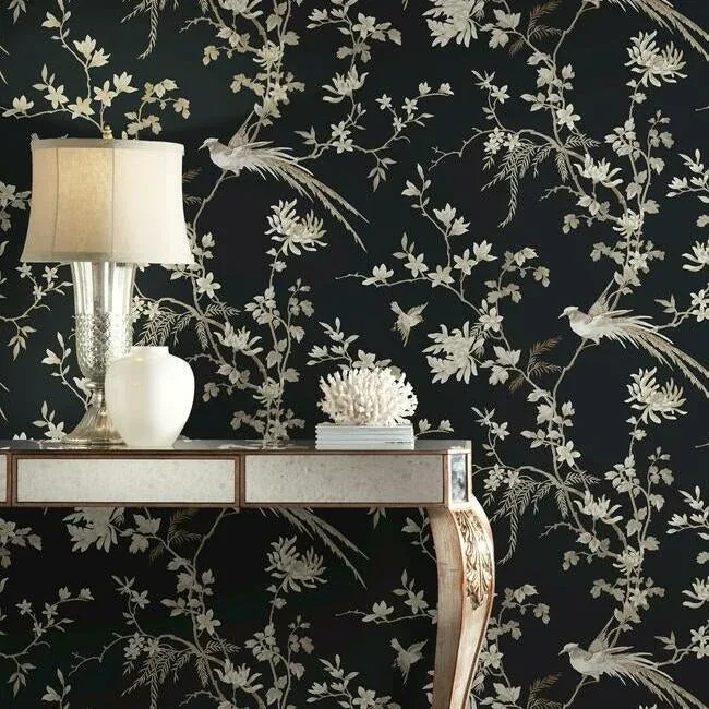 York Designer Series Bird & Blossom Chinoserie Black Wallpaper - SKU KT2173