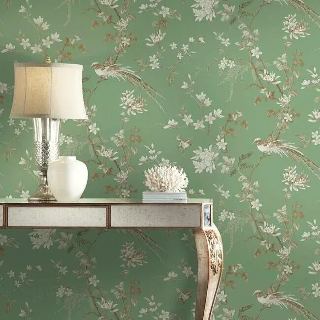 York Designer Series Bird & Blossom Chinoserie Green Wallpaper - SKU KT2175