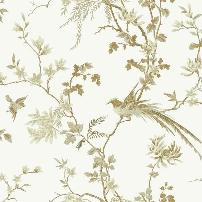 KT2174 | Bird & Blossom Chinoserie White & Gold Wallpaper