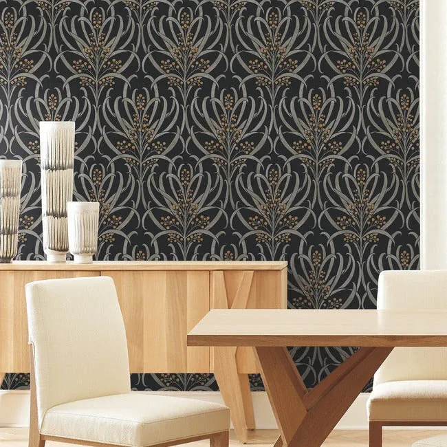 York Designer Series Calluna Black & Gold Metallic Wallpaper - SKU AC9145