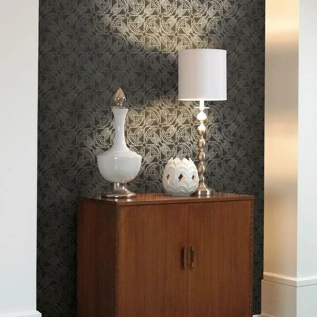 York Designer Series Cartouche Black & Silver Wallpaper - SKU NW3528