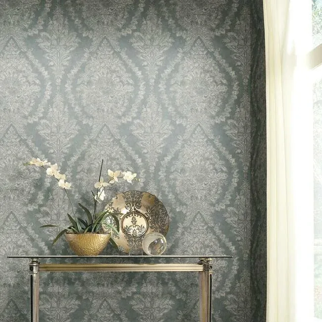 York Designer Series Charleston Damask Grey Wallpaper - SKU KT2216