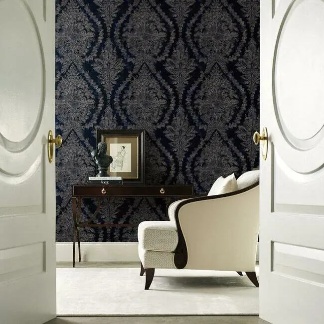 York Designer Series Charleston Damask Navy Wallpaper - SKU KT2215