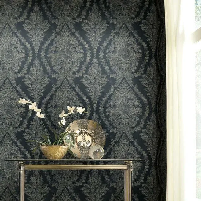 York Designer Series Charleston Damask Navy Wallpaper - SKU KT2215