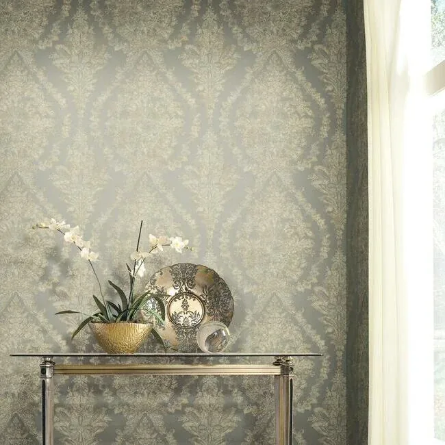 York Designer Series Charleston Damask Silver Wallpaper - SKU PM9309