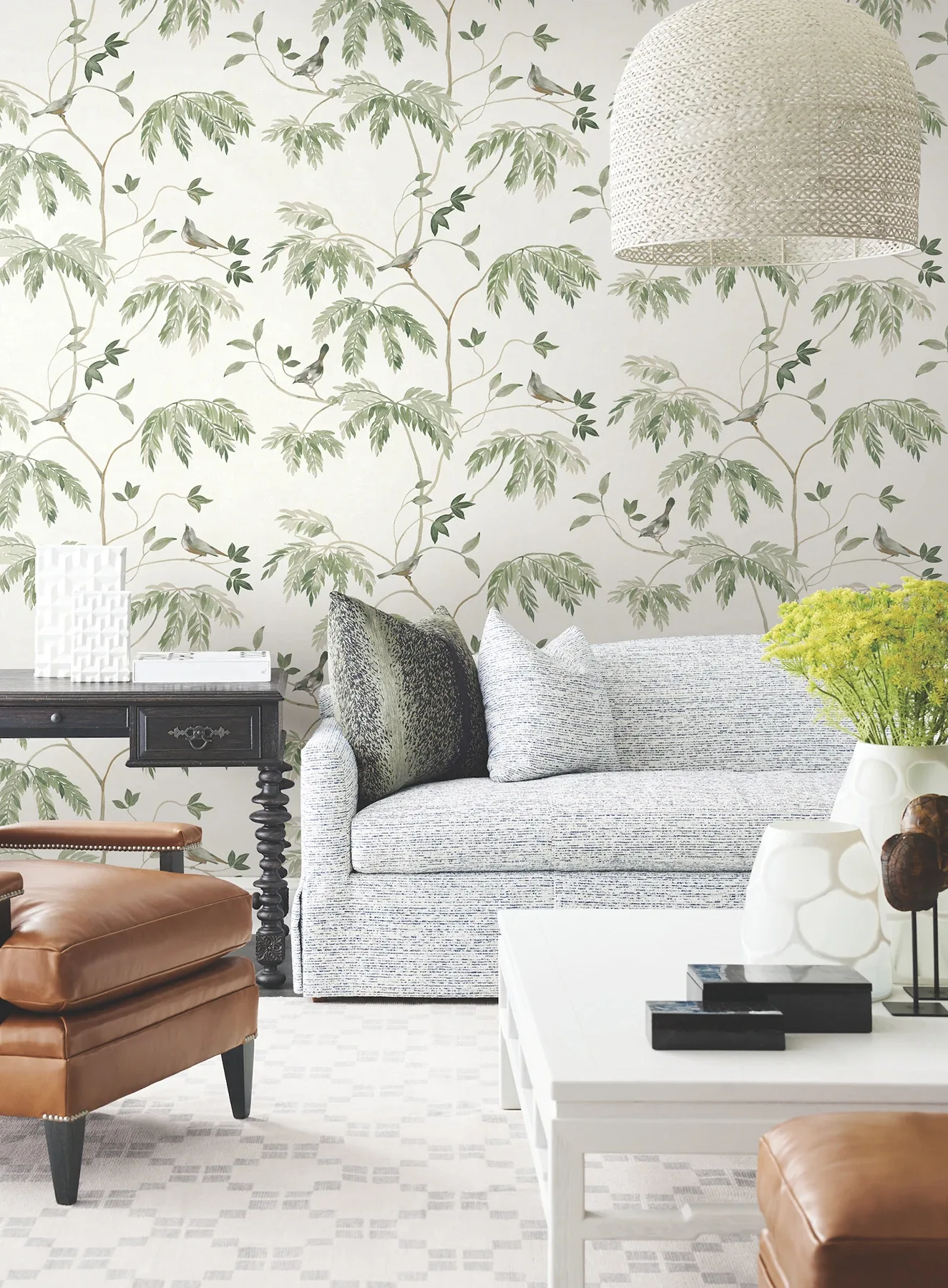 York Designer Series Cillian Dark Green Botanical Bird Trail Wallpaper - SKU LL3251