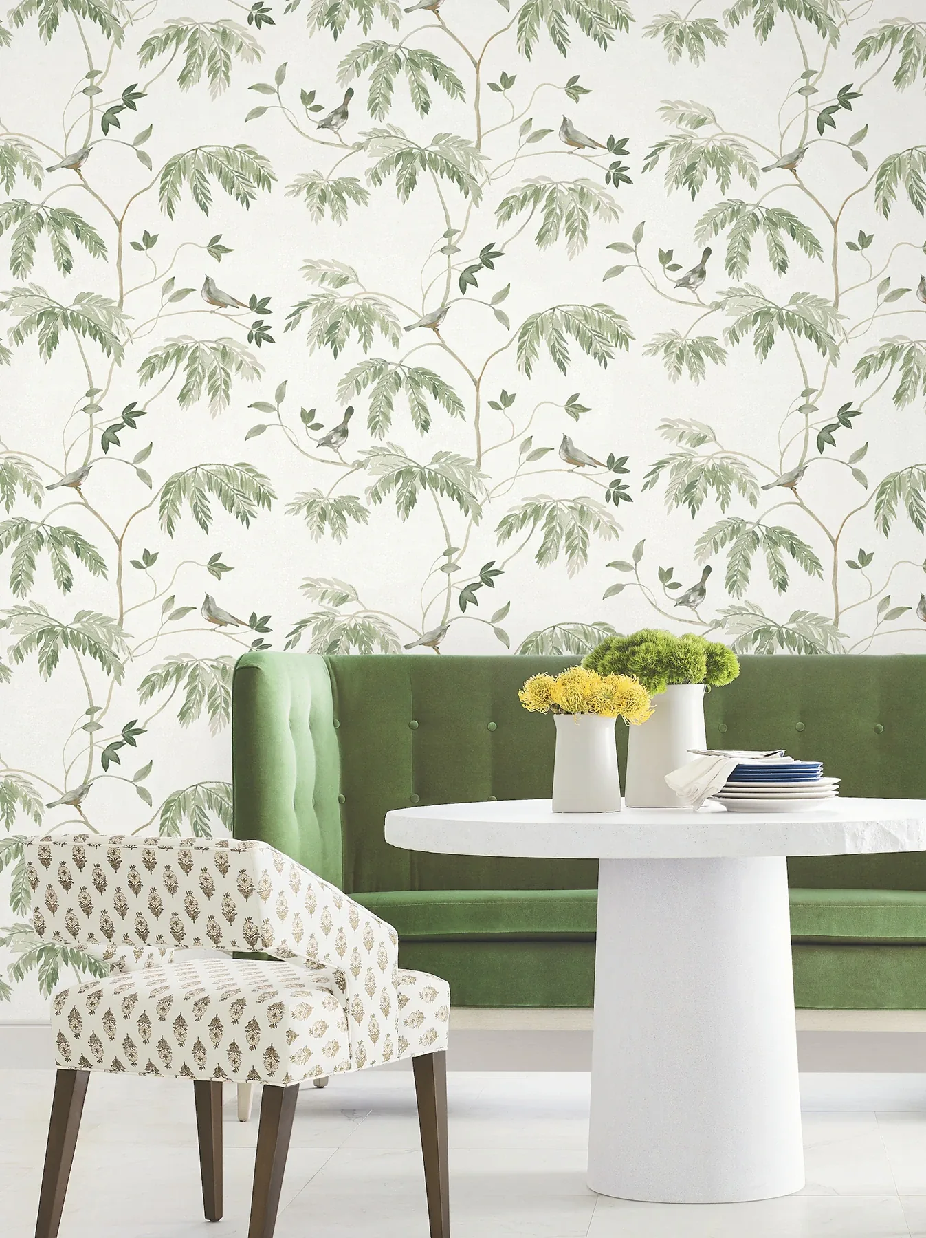 York Designer Series Cillian Dark Green Botanical Bird Trail Wallpaper - SKU LL3251