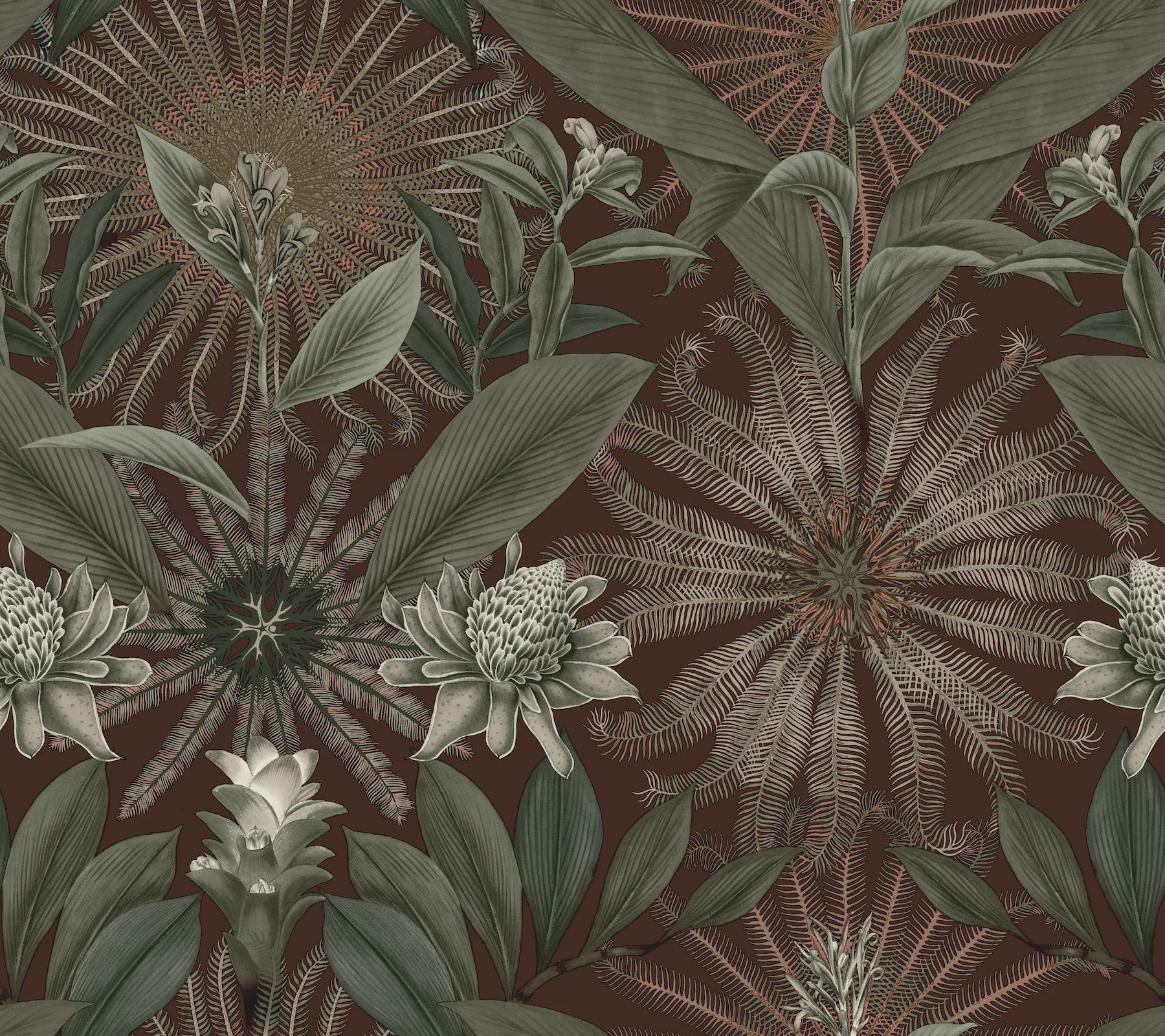 VR1528 | Enchanted Garden Maroon Tropical Wallpaper