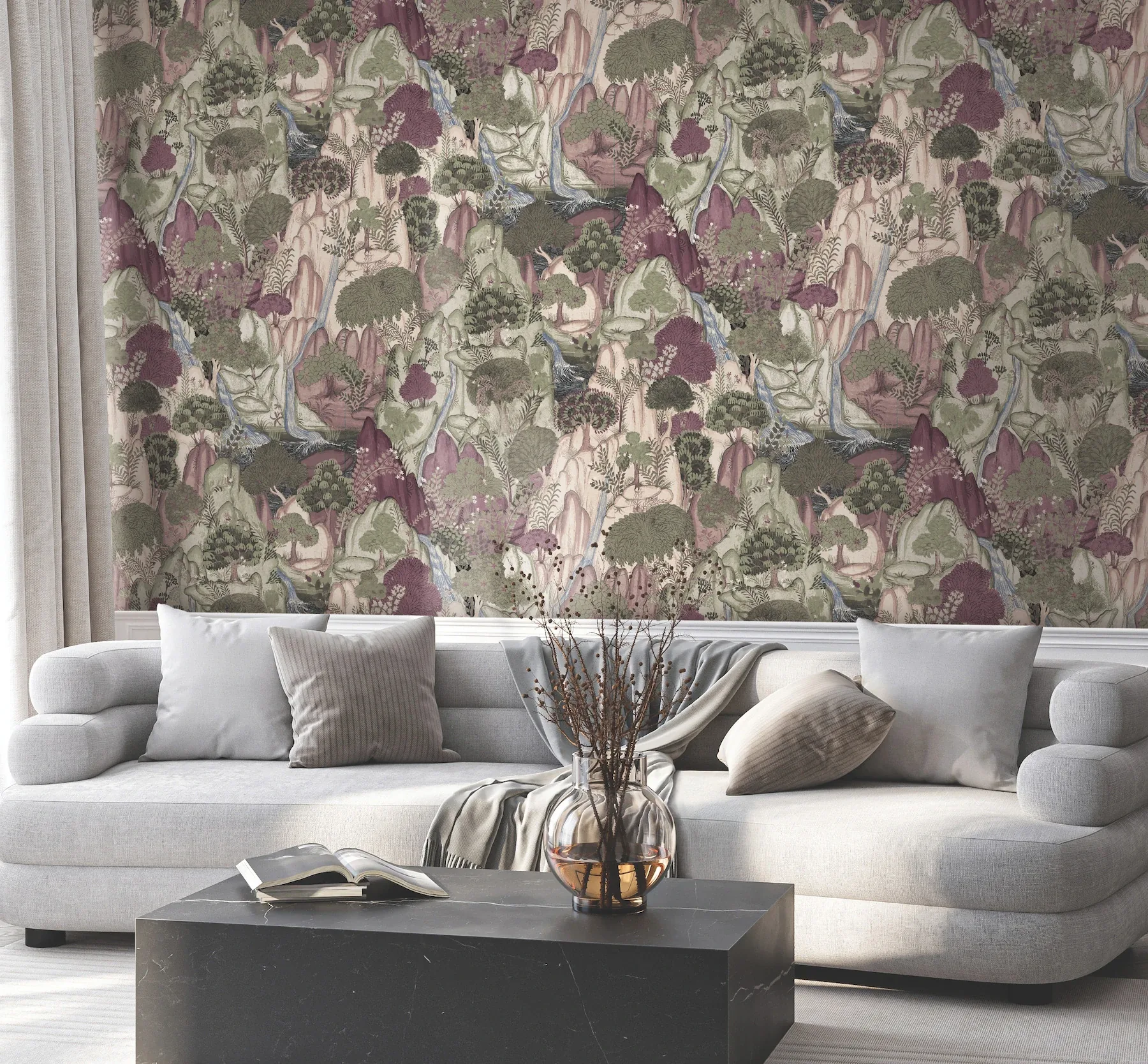 York Designer Series Falling Waters Plum Scenic Wallpaper | Wallpaper Twins York Designer Series Falling Waters Plum Scenic Wallpaper - SKU VR1556