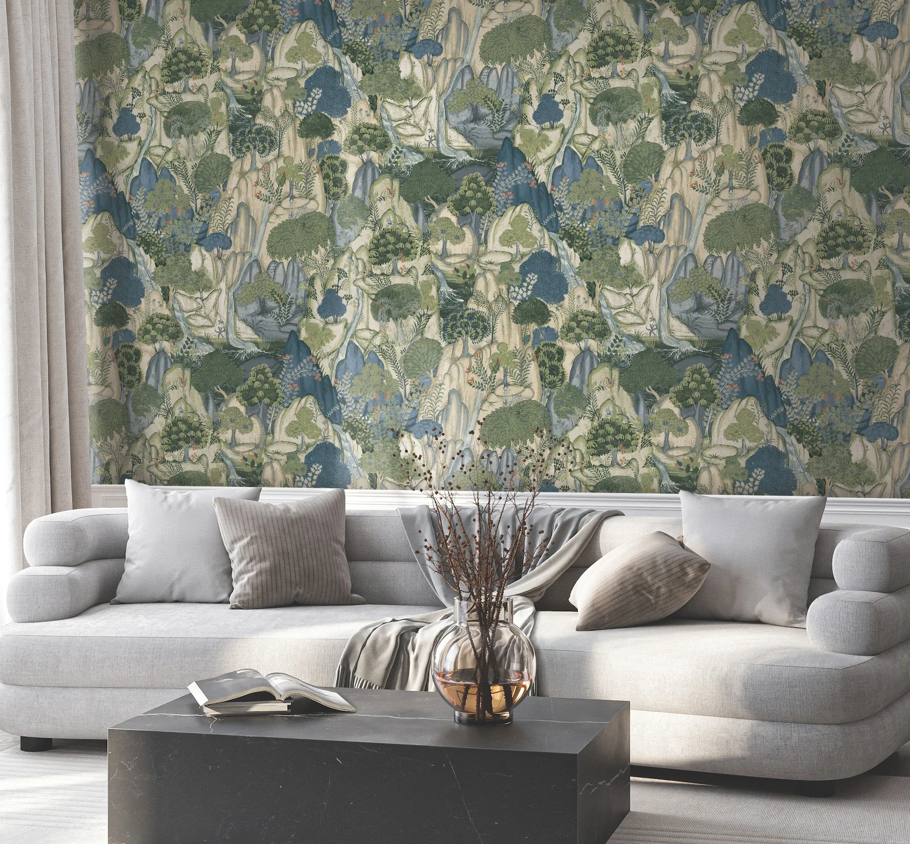 York Designer Series Falling Waters Sapphire Scenic Wallpaper | Wallpaper Twins York Designer Series Falling Waters Sapphire Scenic Wallpaper - SKU VR1554
