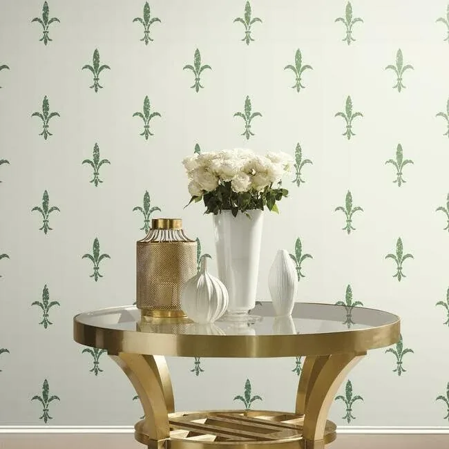 York Designer Series Fleur De Lis White & Green Wallpaper - SKU KT2194