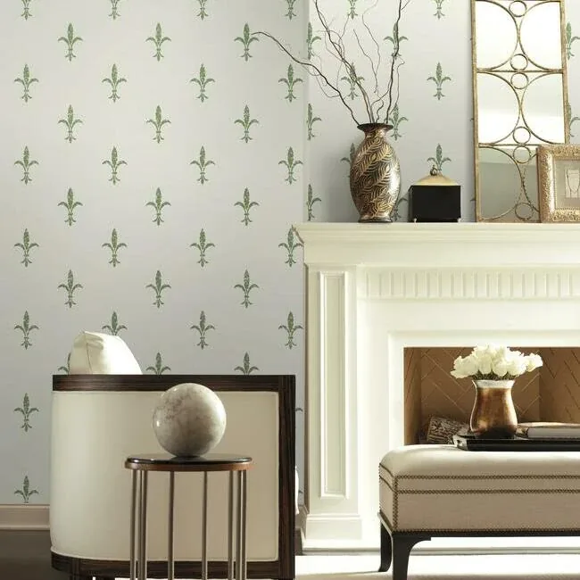 York Designer Series Fleur De Lis White & Green Wallpaper - SKU KT2194