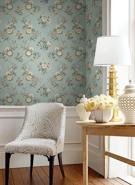 York Designer Series Genevieve Harbor Blue Floral Trail Wallpaper - SKU VP1422
