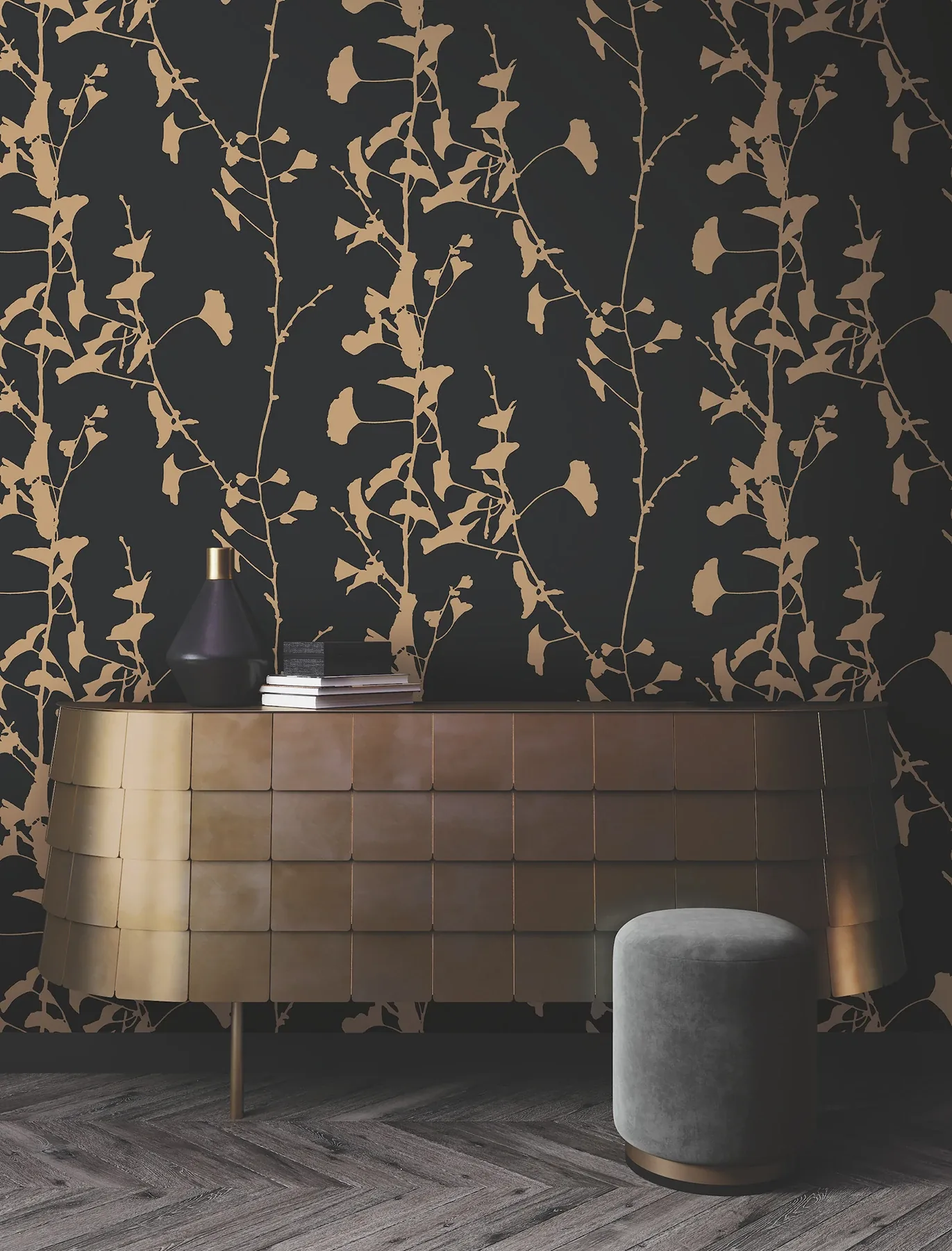 York Designer Series Ginkgo Silhouette Black & Gold Cork Wallpaper - SKU VR1512