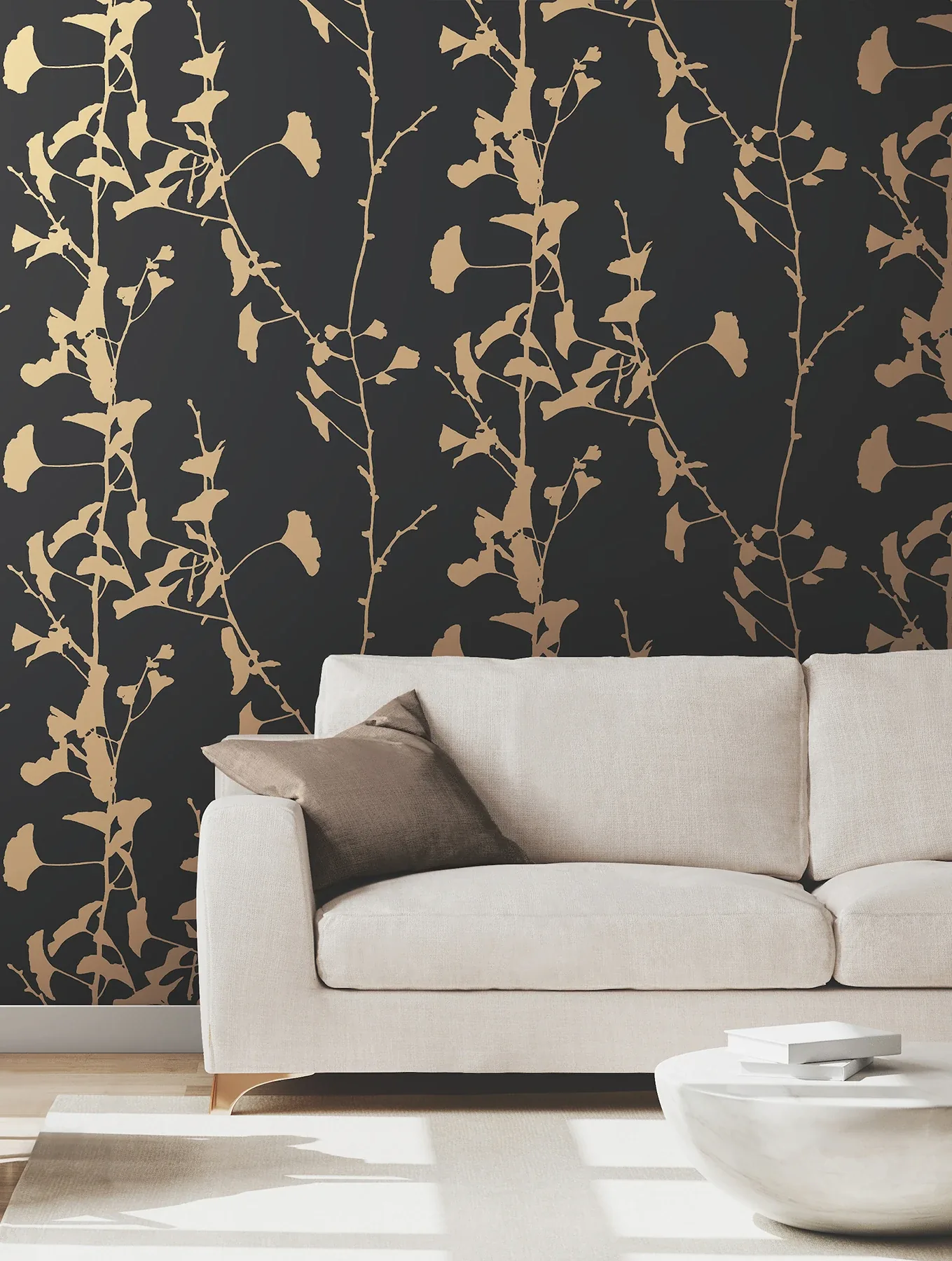 York Designer Series Ginkgo Silhouette Black & Gold Cork Wallpaper - SKU VR1512