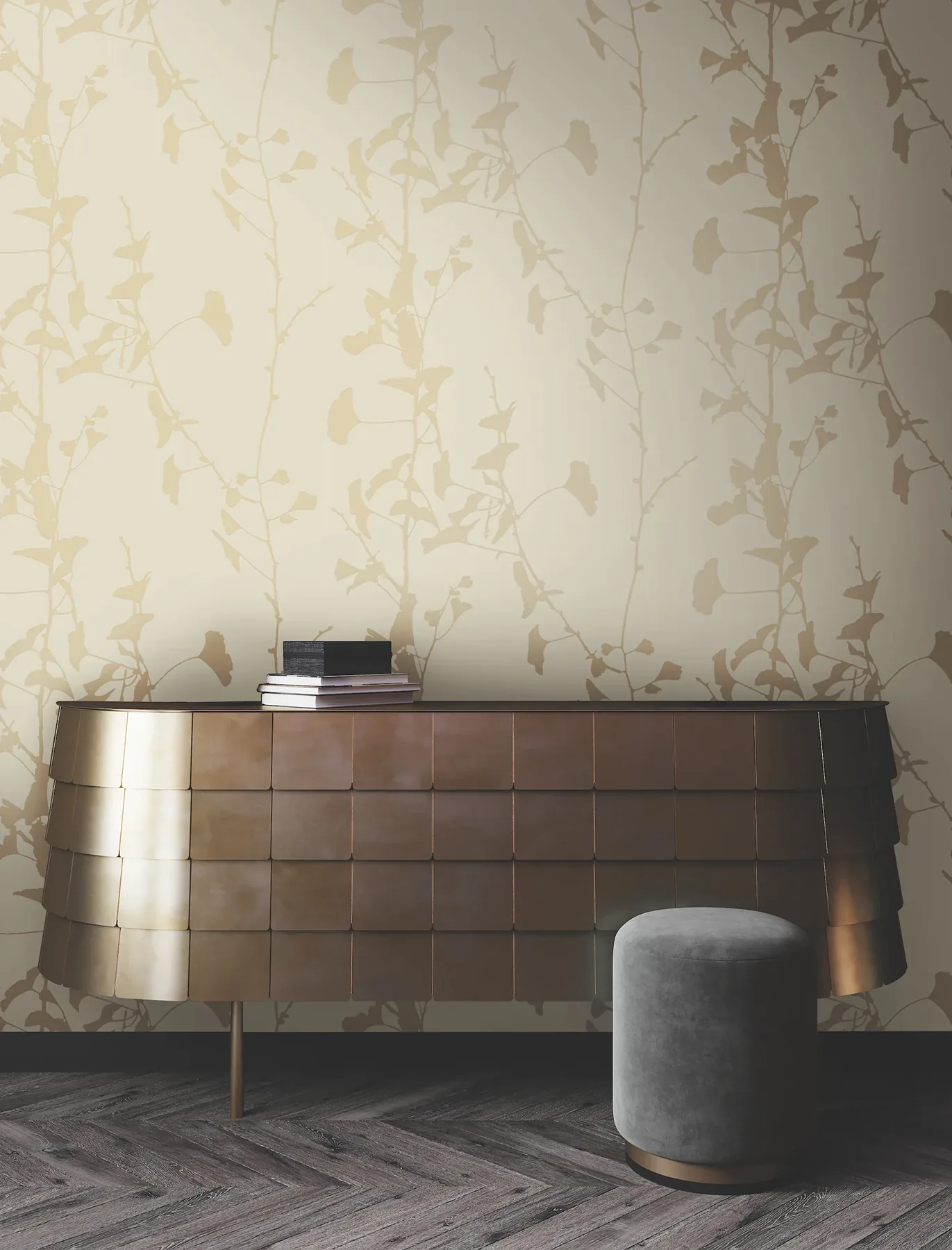 York Designer Series Ginkgo Silhouette Neutral Cork Wallpaper - SKU VR1511