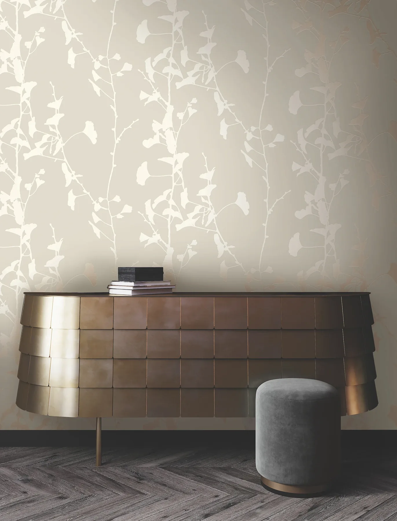 York Designer Series Ginkgo Silhouette Taupe Cork Wallpaper - SKU VR1507